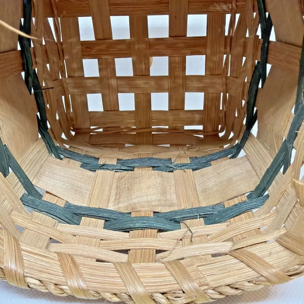 Vintage Hand-Woven Splint Wood Holiday Basket - Hand-Painted Christmas Trees